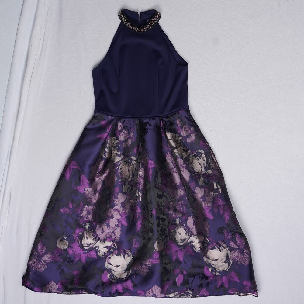 SLNY Womens Size 10 Navy Purple Floral Hi-Low Party Dress Beaded Halter Neck